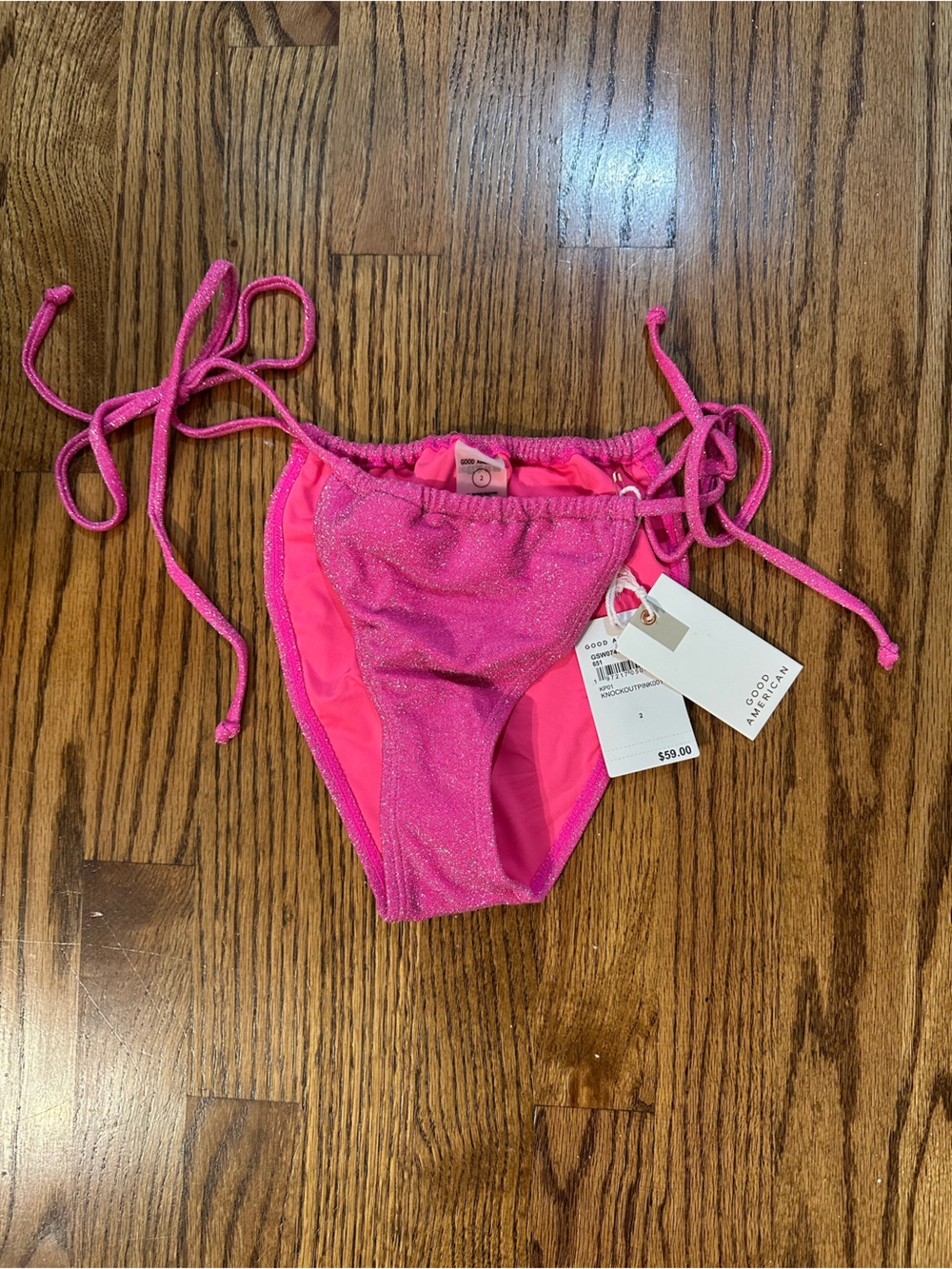Good American Sparkle Tiny Ties Bottom in Knockout Pink NWT